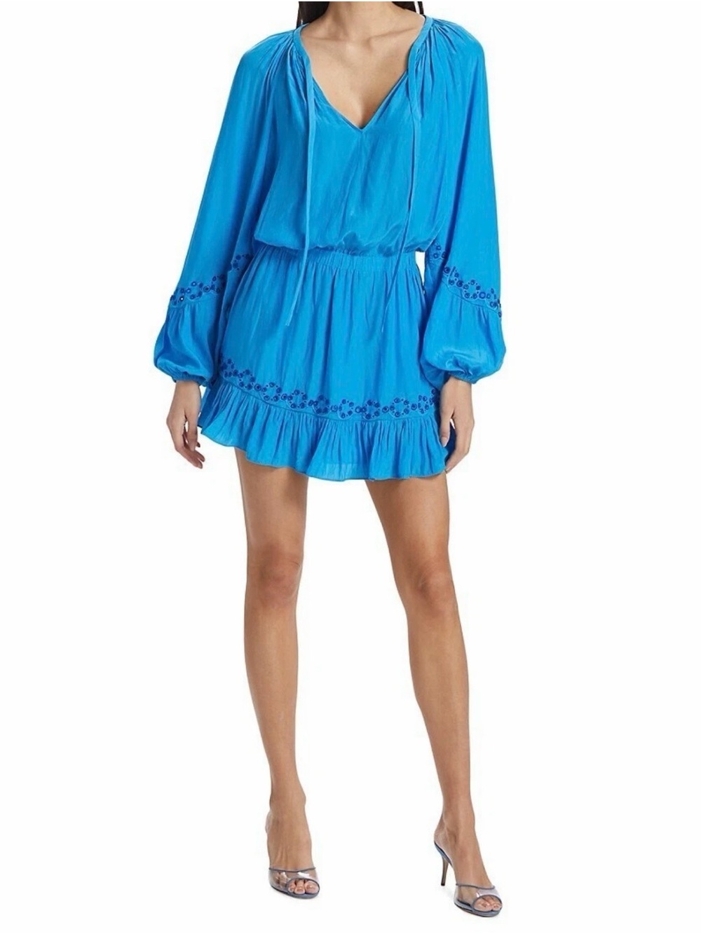 Ramy Brook Eyelet Mini dress - lake blue - balloon sleeves & embroidery detail